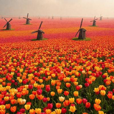 The primary subject of the image is a field of flowers, predominantly featuring red and yellow tulips. The setting is a vast, open field with a backdrop of a cloudy sky. The visual style is a realistic, natural scene, with the flowers and sky creating a vibrant and lively atmosphere. The colors and mood of the image are predominantly warm and inviting, with the red and yellow tulips standing out against the backdrop of the cloudy sky.